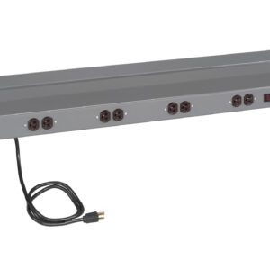 A gray, metal power strip with multiple outlets is mounted on a raised, rectangular frame. It features several circular sockets, a power switch, and a black electric cord with a plug extending from the side.