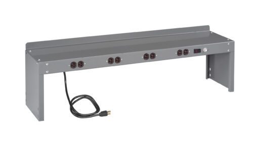 A gray, metal power strip with multiple outlets is mounted on a raised, rectangular frame. It features several circular sockets, a power switch, and a black electric cord with a plug extending from the side.