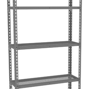 A tall, free-standing metal shelving unit with five adjustable shelves, suitable for storage. The shelves have perforated surfaces, and the frame is constructed with vertical supports featuring evenly spaced holes.