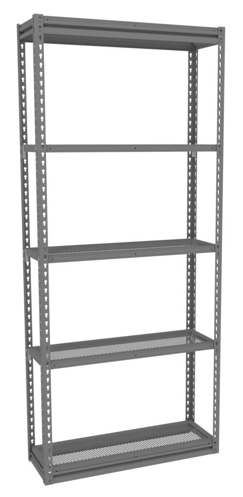 A tall, free-standing metal shelving unit with five adjustable shelves, suitable for storage. The shelves have perforated surfaces, and the frame is constructed with vertical supports featuring evenly spaced holes.