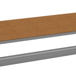 Exploded view of a rectangular wooden shelf with gray metal brackets laid out on a white background, showing components ready for assembly.