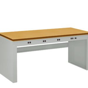 A workbench with a light wood surface and a white metal frame. It features two rows of small black knobs or buttons across the front, and a panel on the right side with additional features.
