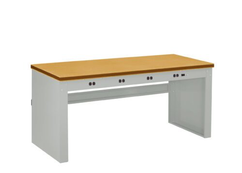 xi1lmf7bhbcbmvxwuoeh.jpg A workbench with a light wood surface and a white metal frame. It features two rows of small black knobs or buttons across the front, and a panel on the right side with additional features.