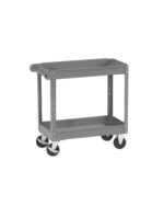 A gray metal utility cart with two shelves and a handle on one side. It has four black and silver caster wheels for mobility.