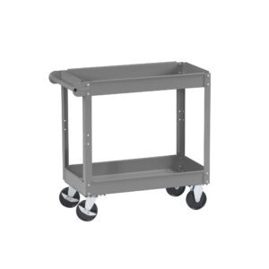 A gray metal utility cart with two shelves and a handle on one side. It has four black and silver caster wheels for mobility.