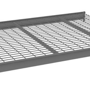 A metal wire mesh shelf with a rectangular frame and three support beams underneath, designed for storage and industrial use. The shelf has a simple, gray finish and is shown on a white background.