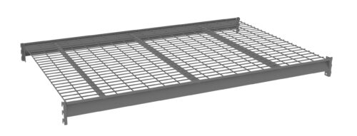 A metal wire mesh shelf with a rectangular frame and three support beams underneath, designed for storage and industrial use. The shelf has a simple, gray finish and is shown on a white background.