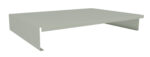 Gray metal monitor stand with a simple rectangular design and minimalist style, featuring a flat surface and open sides for storing items underneath.