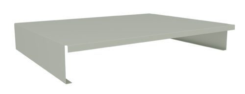 Gray metal monitor stand with a simple rectangular design and minimalist style, featuring a flat surface and open sides for storing items underneath.