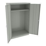 A metal storage cabinet with gray smooth doors is open, revealing an empty interior with an adjustable shelf at the top. The cabinet has a simple and industrial design, suitable for organizing items.