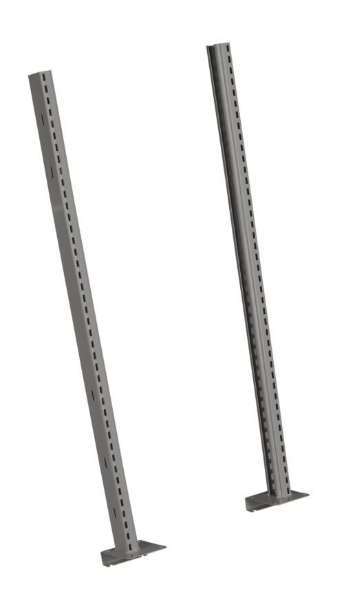 Two gray metal shelving uprights with evenly spaced holes, standing upright and slightly angled. Each has a rectangular base and elongated form, suitable for adjustable shelving systems.