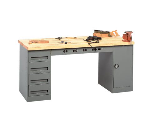 A large workbench with a wooden top and metal base features multiple drawers on one side and a cabinet on the other. Various tools, including clamps and measuring devices, are scattered on the surface.