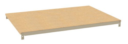 A flat, rectangular wooden platform with a metal frame is shown. The platform is elevated slightly above the ground and appears to be part of a shelving or storage system. The surface is smooth and light brown in color.