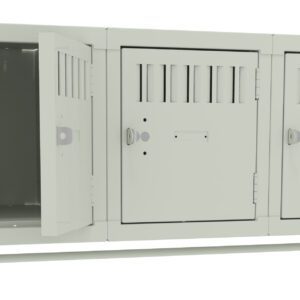 A set of three light gray metal lockers mounted on a frame, with one locker door open, showing the empty interior. The other two lockers are closed, each featuring ventilation slots and keyholes.