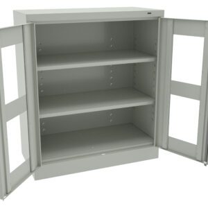 A metal cabinet with two open glass-paneled doors, revealing three empty shelves inside. The cabinet is light gray and simple in design.