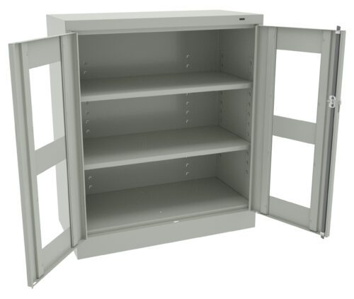 xjdzczotzkzds1chxplu.jpg A metal cabinet with two open glass-paneled doors, revealing three empty shelves inside. The cabinet is light gray and simple in design.