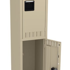 A beige metal locker with two compartments. The top compartment is closed, and the bottom compartment is open, revealing its empty interior. The locker has ventilation slots on the doors and a small handle on each door.