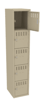 A beige metal locker with five compartments, each with a lock and vent slits. The top compartment door is open, showing the empty space inside.