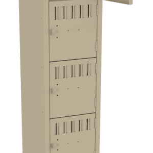 A beige metal locker with five compartments, each with a lock and vent slits. The top compartment door is open, showing the empty space inside.