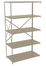A five-tier metal shelving unit with a beige finish. It features cross-bracing for stability and adjustable shelves with evenly spaced holes for customization. The design is simple and industrial, suitable for storage or organization.