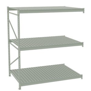 A gray metal shelving unit with three slatted shelves. The structure is sturdy, designed for storage, and features a simple, industrial style. The shelves are evenly spaced, with open sides for accessibility.