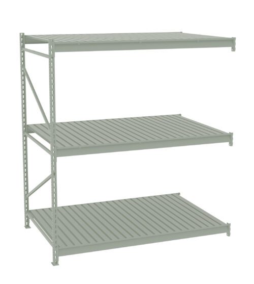 A gray metal shelving unit with three slatted shelves. The structure is sturdy, designed for storage, and features a simple, industrial style. The shelves are evenly spaced, with open sides for accessibility.
