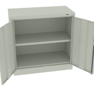 A light gray metal cabinet with two open doors revealing two shelves. The interior is empty, and the surface is smooth with visible hinges and a latch on the doors.