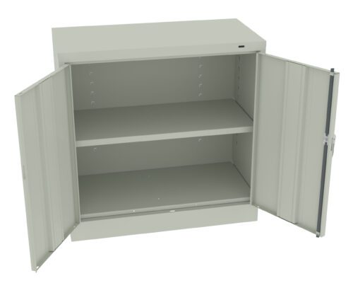 A light gray metal cabinet with two open doors revealing two shelves. The interior is empty, and the surface is smooth with visible hinges and a latch on the doors.