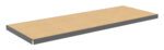 A rectangular wooden shelf with a beige surface and gray edges, designed for storage or display purposes. The shelf is isolated on a white background, showing a minimalist design.