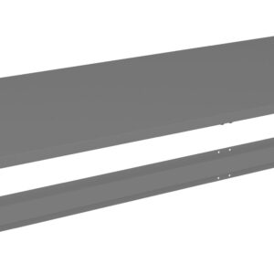 A 3D rendering of two gray metal components: a large, flat rectangular slab above a long, narrow strip with pre-drilled holes. Both pieces are aligned horizontally, with the strip positioned beneath the slab.