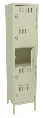 A beige metal locker with four compartments. The third compartments door is slightly open, with vents on each door and small circular locks. The locker stands on four legs, and the background is plain white.