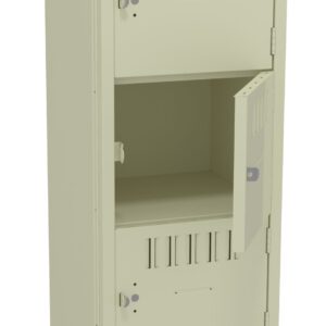 A beige metal locker with four compartments. The third compartments door is slightly open, with vents on each door and small circular locks. The locker stands on four legs, and the background is plain white.