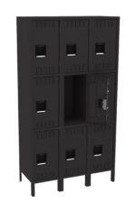 A black metal locker unit with nine compartments arranged in a 3x3 grid. One compartment door is open, revealing the empty interior. Each door has a rectangular handle and vent slots at the top and bottom.
