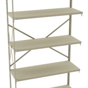 A beige metal shelving unit with five adjustable shelves and a cross-brace for support. The minimalist design is suitable for organizing items in a garage, warehouse, or storage room.