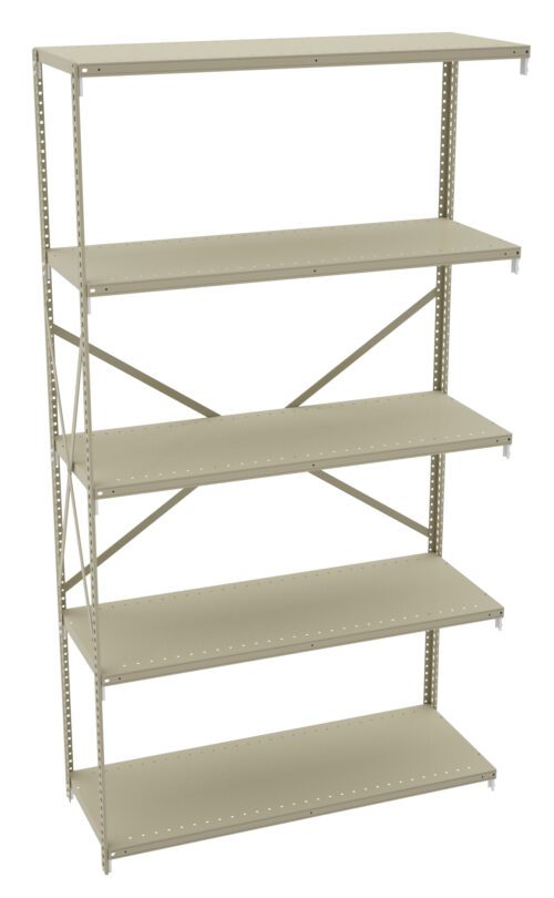 A beige metal shelving unit with five adjustable shelves and a cross-brace for support. The minimalist design is suitable for organizing items in a garage, warehouse, or storage room.