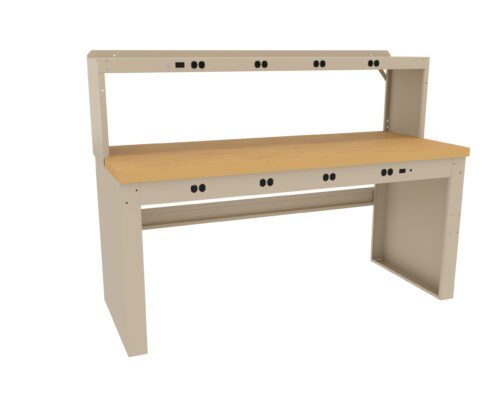 xml4fgi3eyux9gcoggj9.jpg A sturdy workbench with a light wooden top and beige metal frame. It features a raised shelf and multiple electrical outlets along the back and front edges. The design is simple and functional, suitable for workshops or garages.