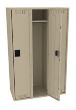 A beige metal locker with three vertical compartments. The middle door is open, revealing a hanging rod inside. The other two doors are closed. The locker has ventilation slots at the top and bottom.