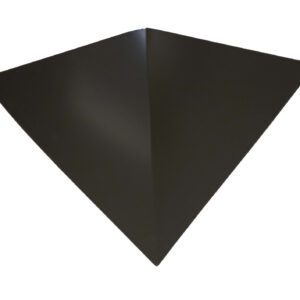 A triangular, dark metal object with a smooth, reflective surface, resembling an unfolded paper fortune teller or a stealth aircraft, viewed from above against a plain white background.
