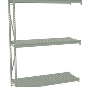 A gray metal shelving unit with three tiers. The shelves are evenly spaced, with vertical support beams on each side. The design is industrial and functional, suited for storage or organization in a warehouse or garage.