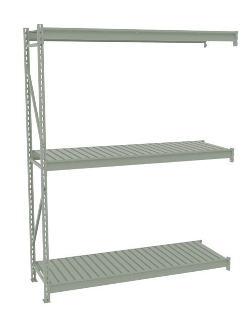 A gray metal shelving unit with three tiers. The shelves are evenly spaced, with vertical support beams on each side. The design is industrial and functional, suited for storage or organization in a warehouse or garage.