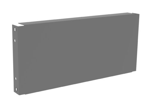 A rectangular, flat gray metal panel with smooth surfaces and rounded edges is shown. The panel has a few small circular holes along its left edge, suggesting it might be used for mounting or connecting to other structures.