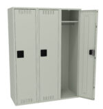 A metal locker with three compartments. The left two compartments are closed, while the right compartment is open, revealing an empty interior with a hanging rod and hooks. The locker is light gray with black handles.