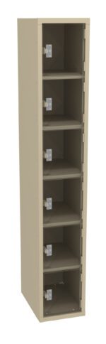 Tall, beige, metal locker with six compartments. Each compartment has a small door with a latch for securing personal items. The locker stands upright on a white background.