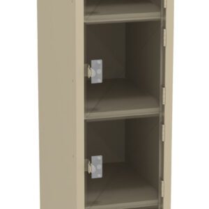 Tall, beige, metal locker with six compartments. Each compartment has a small door with a latch for securing personal items. The locker stands upright on a white background.
