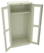 An empty, open metal storage cabinet with double doors, featuring a single adjustable shelf in the middle. The cabinet is light-colored and has a sleek, simple design.