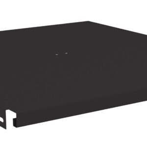 Black rectangular metal bracket with small holes on its sides, viewed from an angle against a white background.