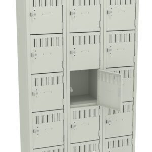 A beige metal locker with three columns and five rows of compartments. Each compartment has a small ventilation slot and a lock mechanism. One compartment door is open, revealing the empty interior.