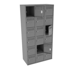 A tall, gray metal locker unit with a grid of small compartments, each with a slot and a lockable door. Two compartments are open, revealing empty interiors.