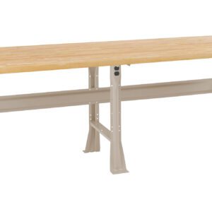A long, industrial workbench with a light wood tabletop and sturdy metal legs. The bench has a beige metal frame and a minimalist design, suitable for a workshop or garage setting.
