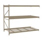 A freestanding metal storage shelf with three levels, featuring a sturdy frame and a grid-like bottom section. The shelf is empty and designed for heavy-duty use. The background is plain white.